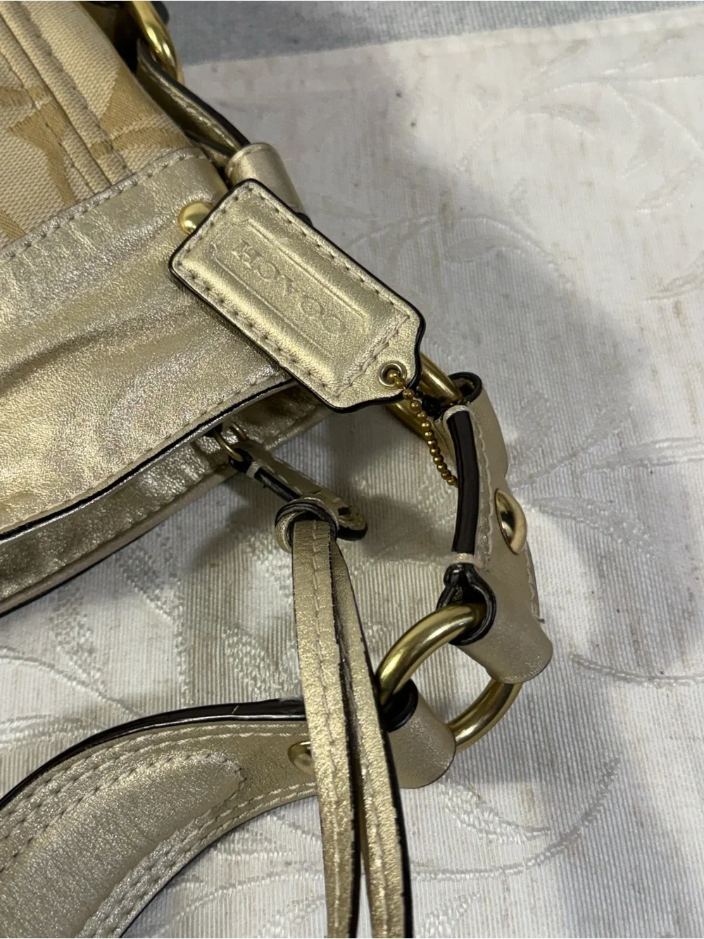Coach Zoe Signature Khaki Gold Jacquard Canvas Hobo Shoulder Bag Purse Y2K - Picture 10 of 15